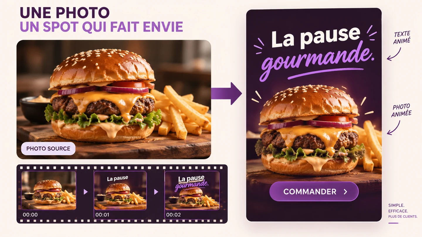 Une photo de burger devient un spot avec des textes animés et un appel à commander