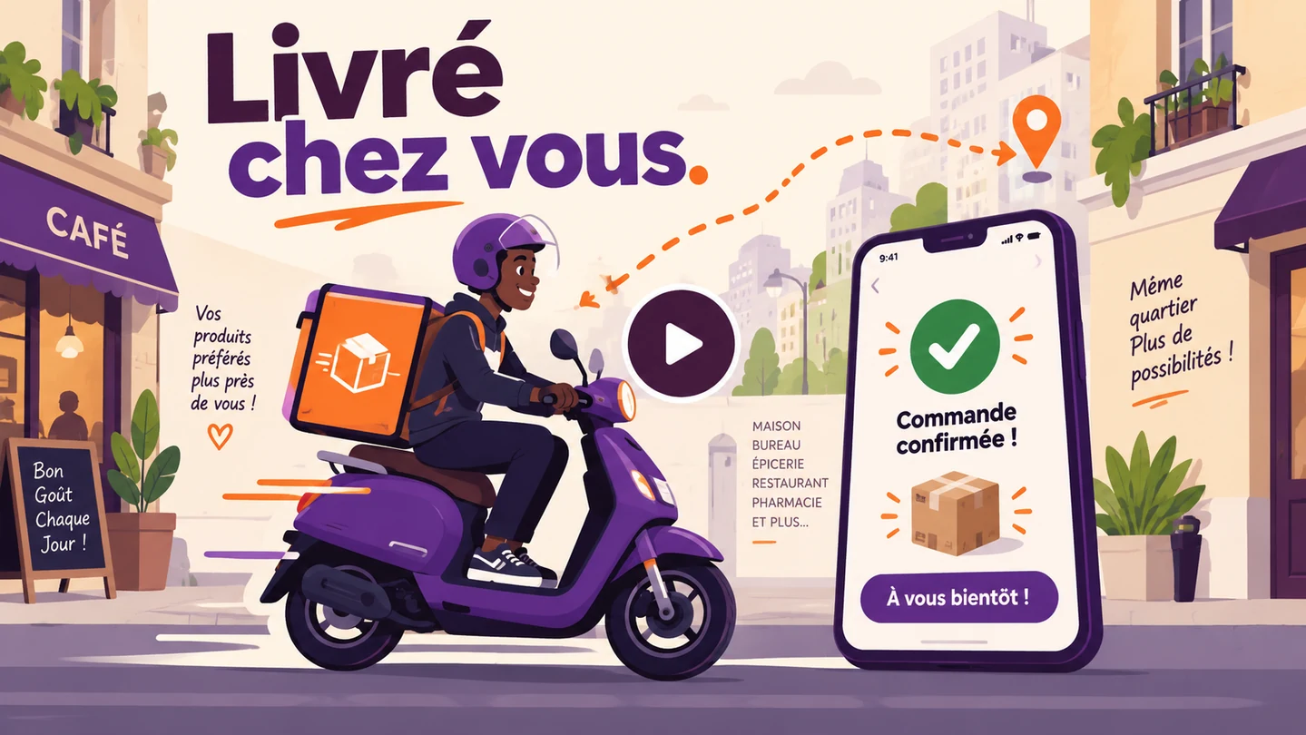 Publicité entièrement illustrée : un livreur à scooter, un trajet animé et une commande confirmée