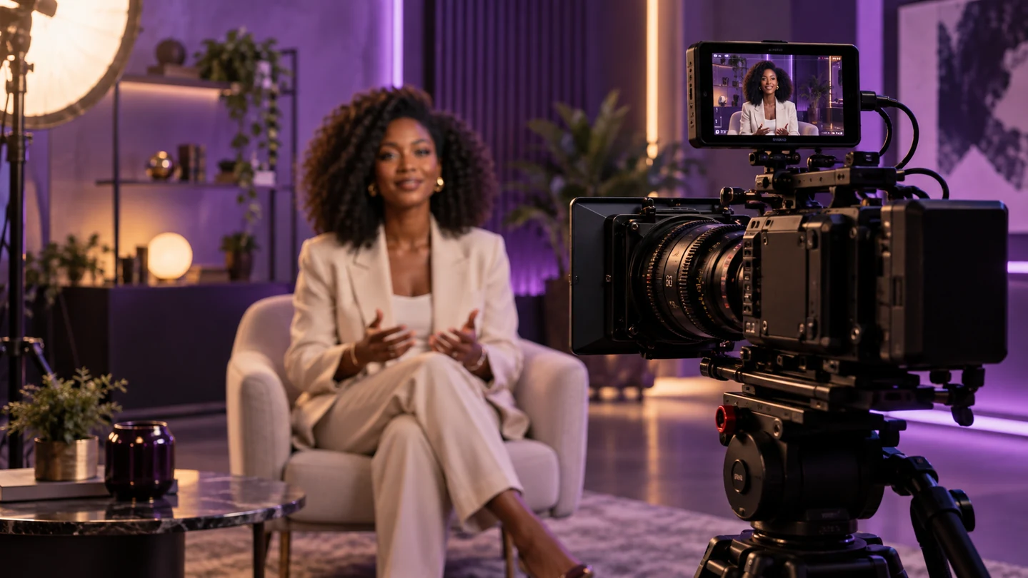 Caméra de cinéma et intervenante dans un studio de tournage