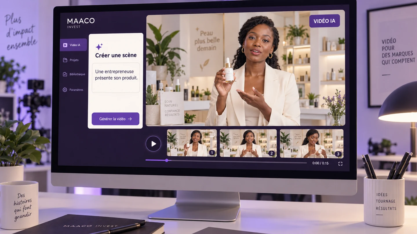 Création d’une scène vidéo par IA montrant une entrepreneuse qui présente son produit